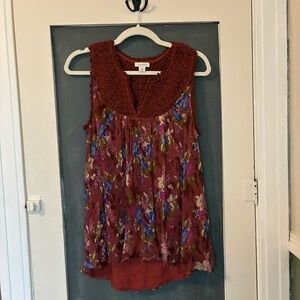 Sundance Burgundy Floral Blouse with Crochet Neckline